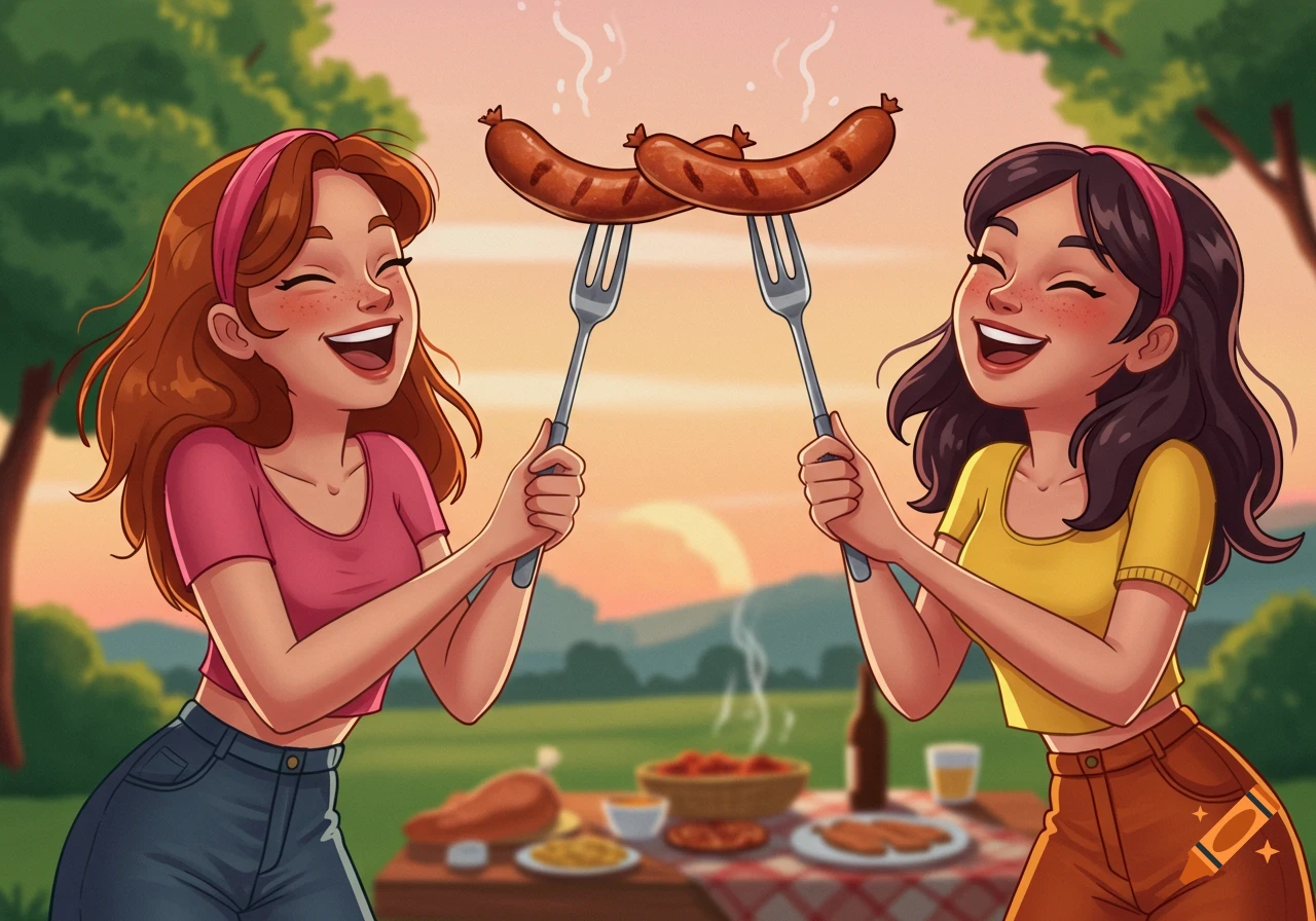 Two happy cartoon women hold sausages on forks at a sunset picnic.
