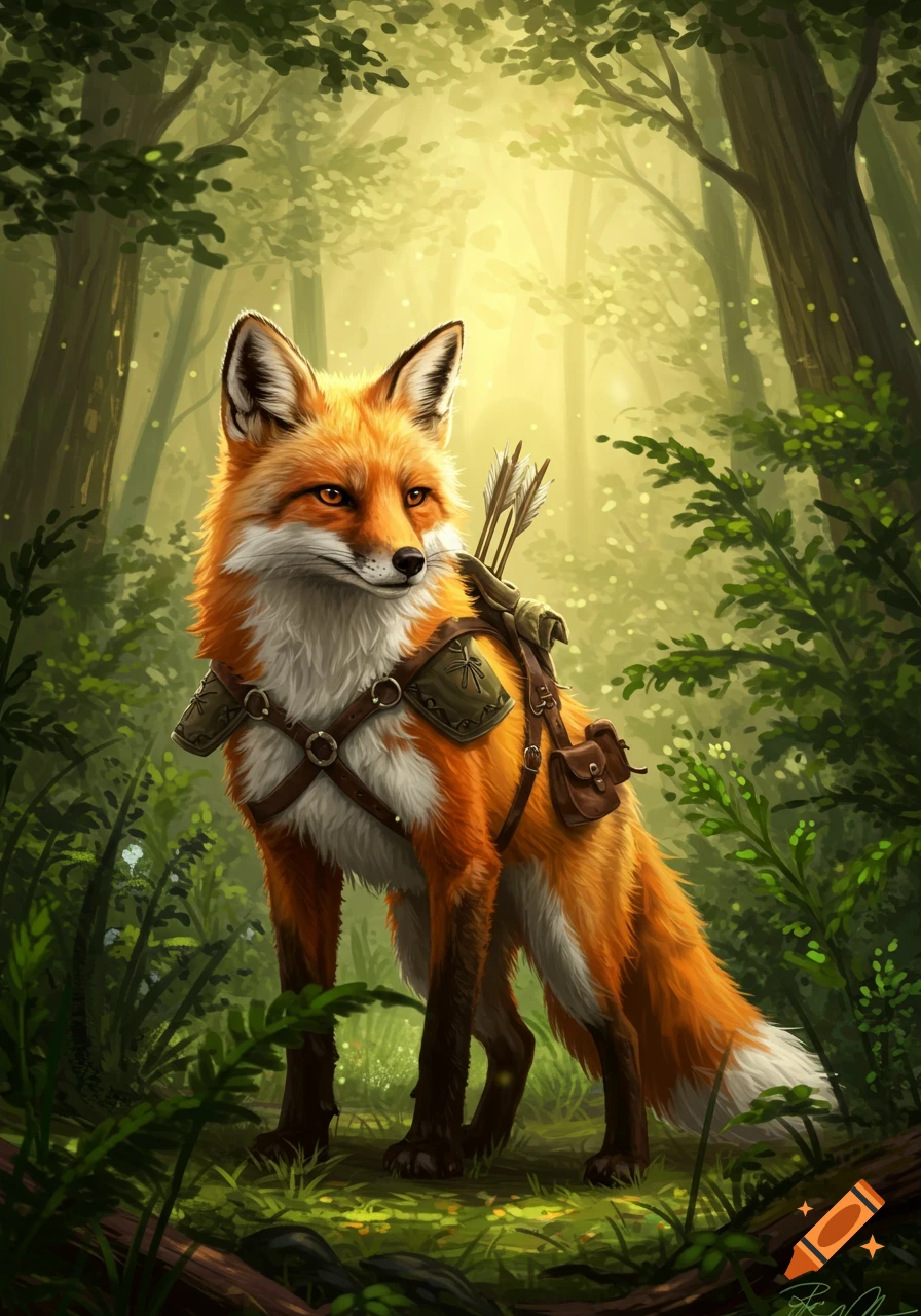 A vibrant orange fox dressed as a ranger with a quiver and satchel stands in a sunlit forest.