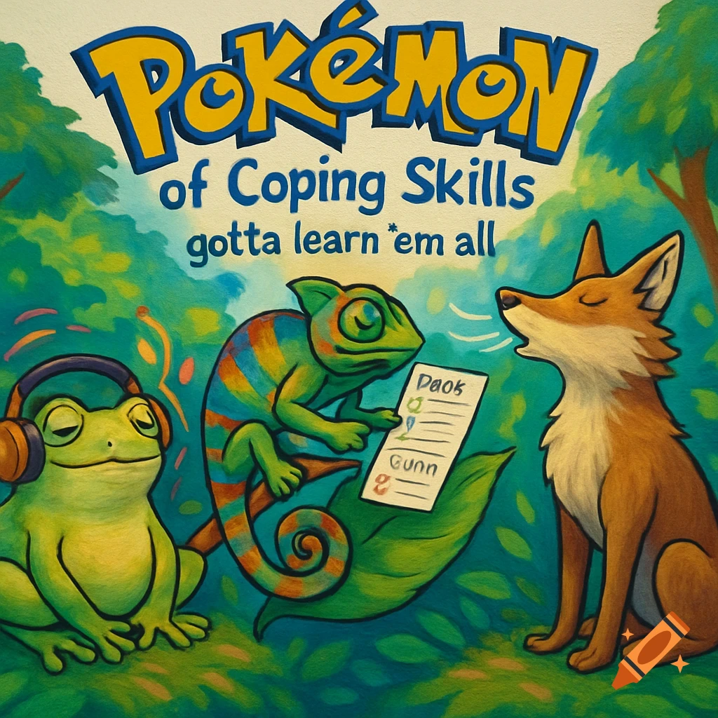 A frog with headphones, a chameleon with a list, and a fox singing beneath the title 'Pokémon of Coping Skills gotta learn *em all' in a lush green setting.