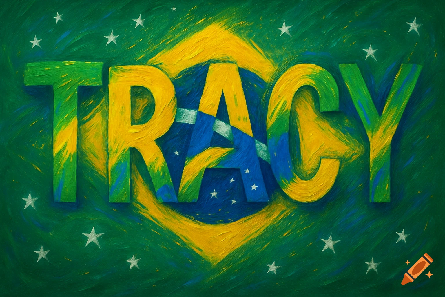 The word TRACY in a textured, painterly style, featuring the green, yellow, and blue colors of the Brazilian flag with white stars.