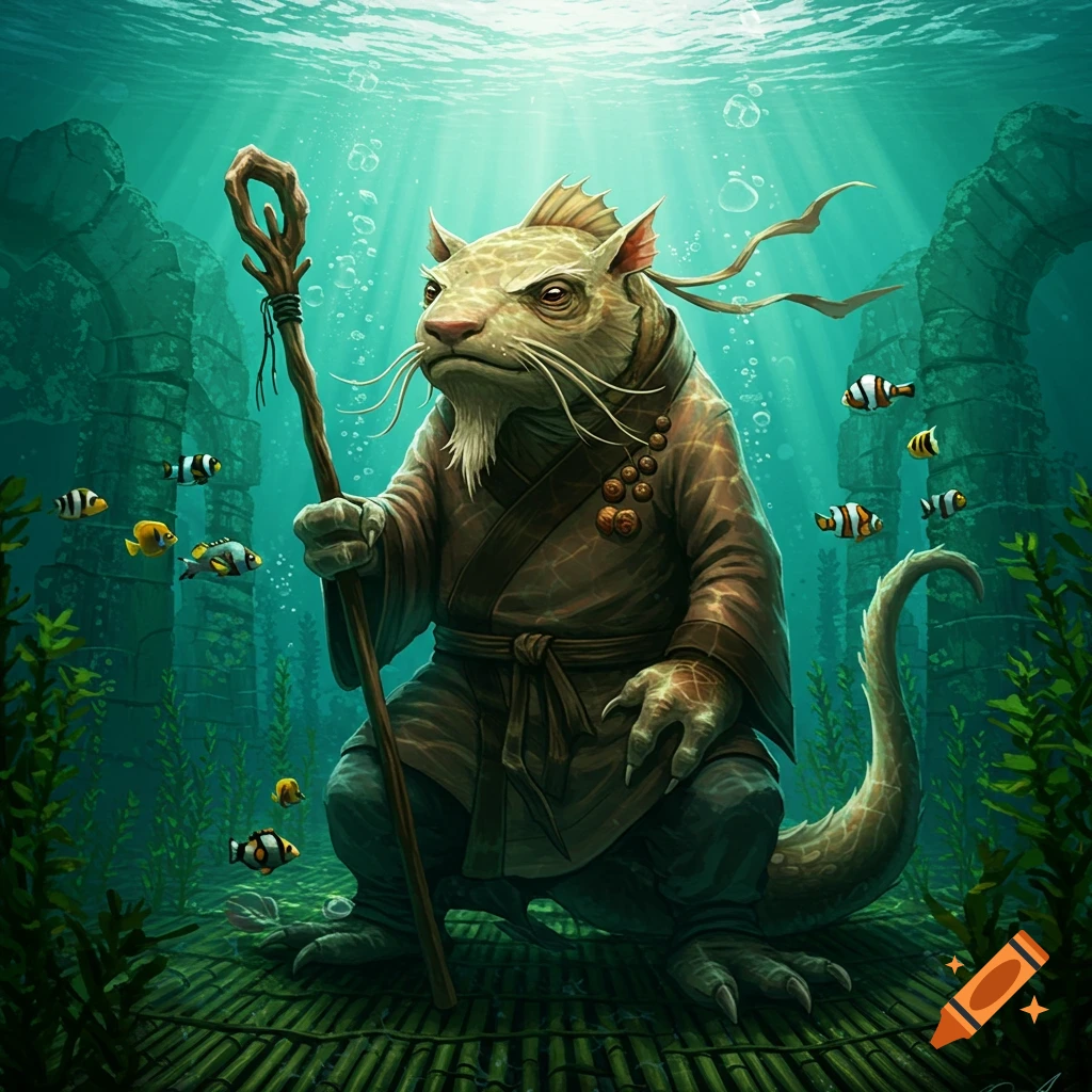 A fish-like Master Splinter character holding a staff stands on a bamboo mat underwater, surrounded by small fish and ancient ruins.