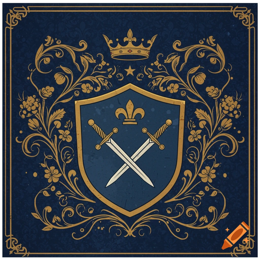 Dark blue medieval crest with crossed swords, a fleur-de-lis, and a crown, framed by ornate gold floral scrollwork.