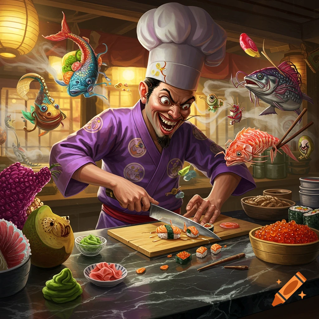 A mad chef with a wide grin cuts sushi with exaggerated floating ingredients in a whimsical, detailed style.