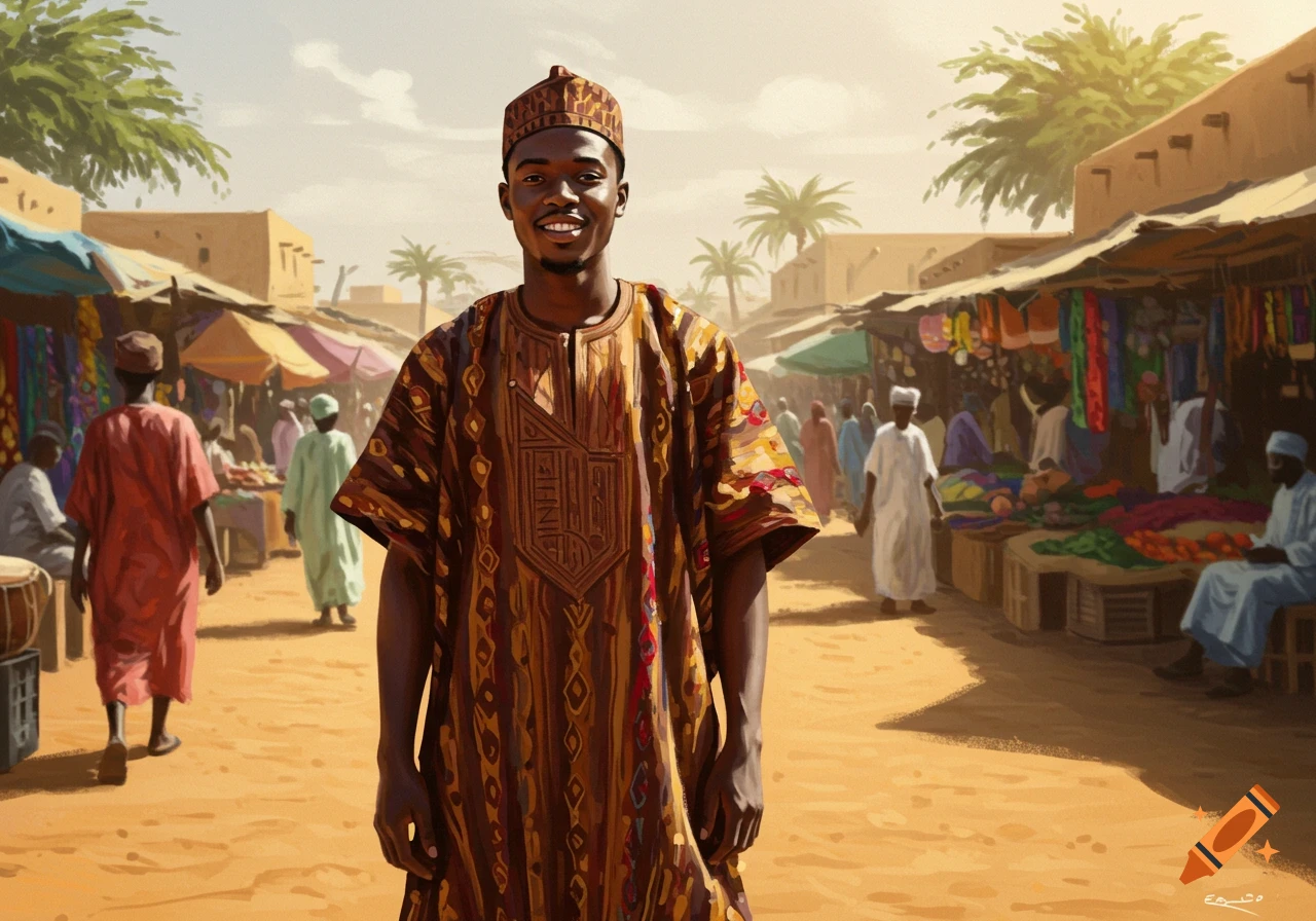 A smiling young Black man in traditional patterned attire and a cap stands in a vibrant outdoor market with people and stalls.