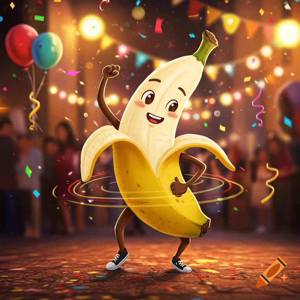 A happy cartoon banana with arms and legs dances at a lively party with colorful confetti and balloons.