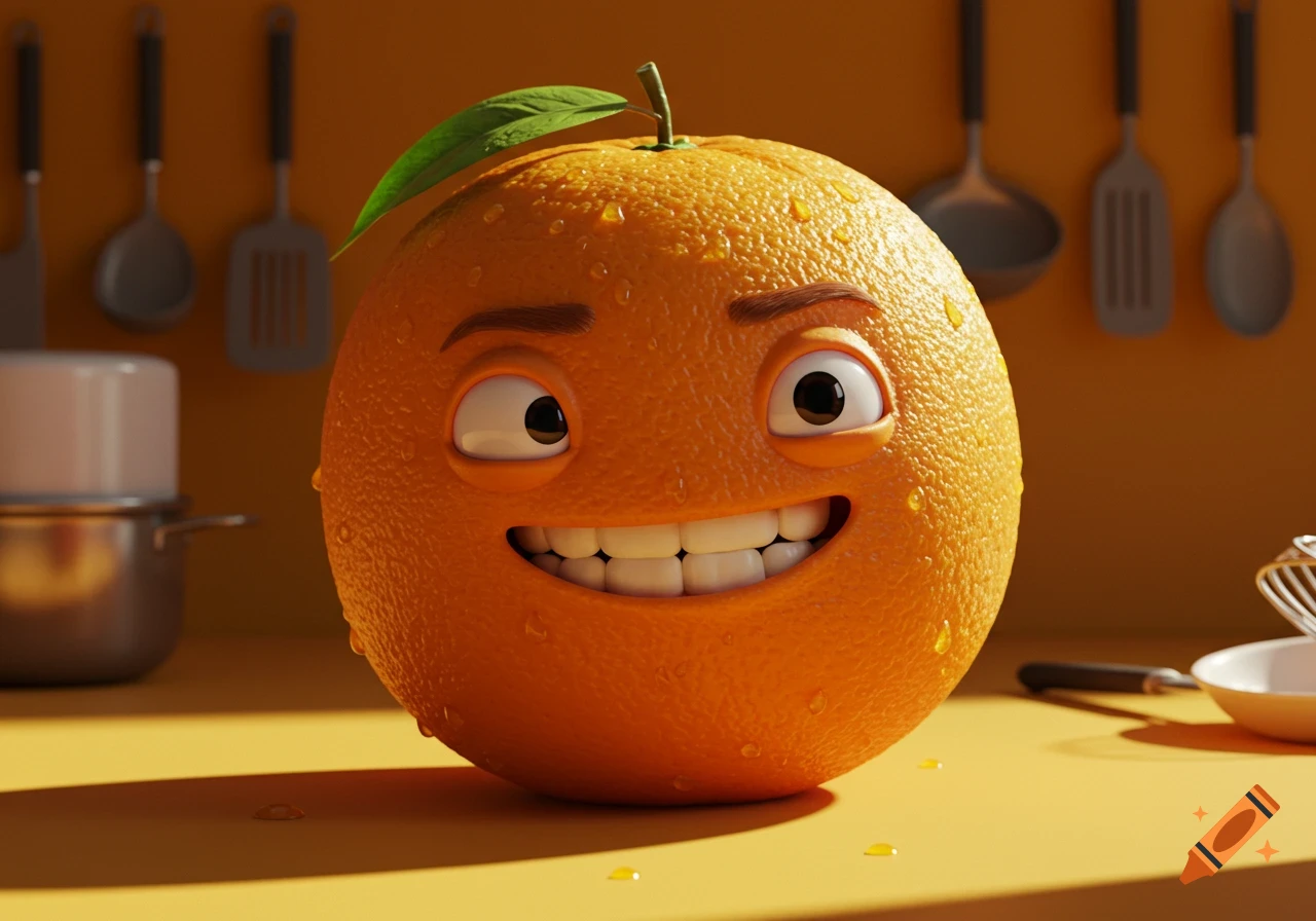 A photorealistic 3D rendered cartoon orange with a wide smile and water droplets on its skin, sitting on a yellow kitchen counter.