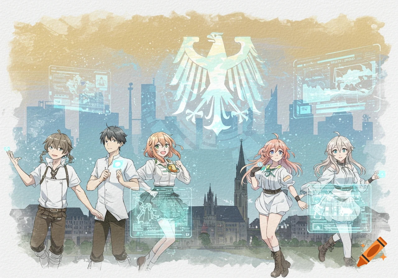 Five anime characters and holograms with a federal eagle over a city skyline in watercolor style.