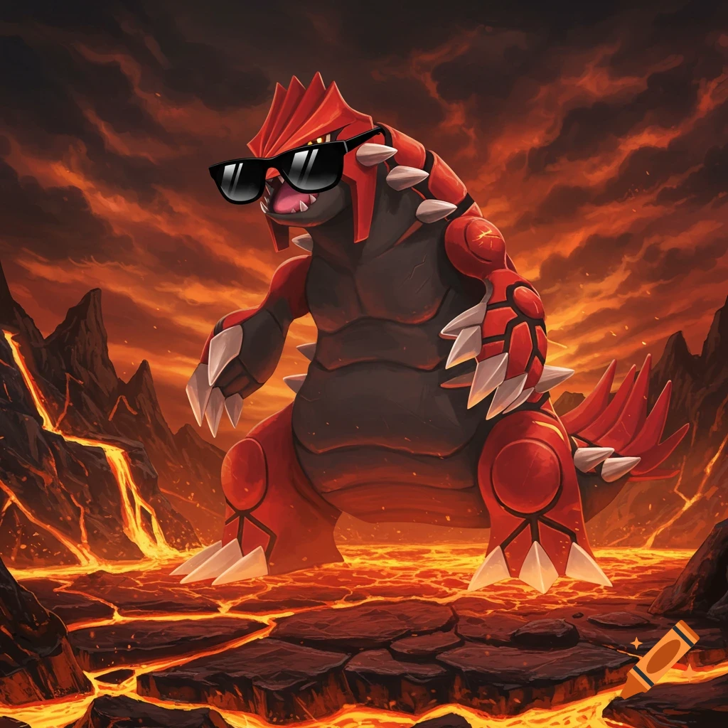 Red and black Groudon wearing black sunglasses stands in a fiery volcanic landscape with glowing lava and a smoky orange sky, digital art.