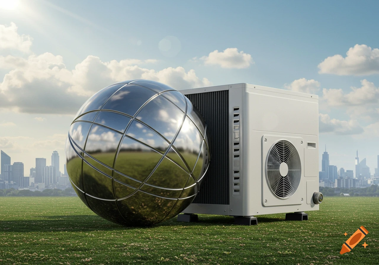 A large reflective chrome sphere next to a white heat pump condenser in a green field, with a distant cityscape under a blue sky.