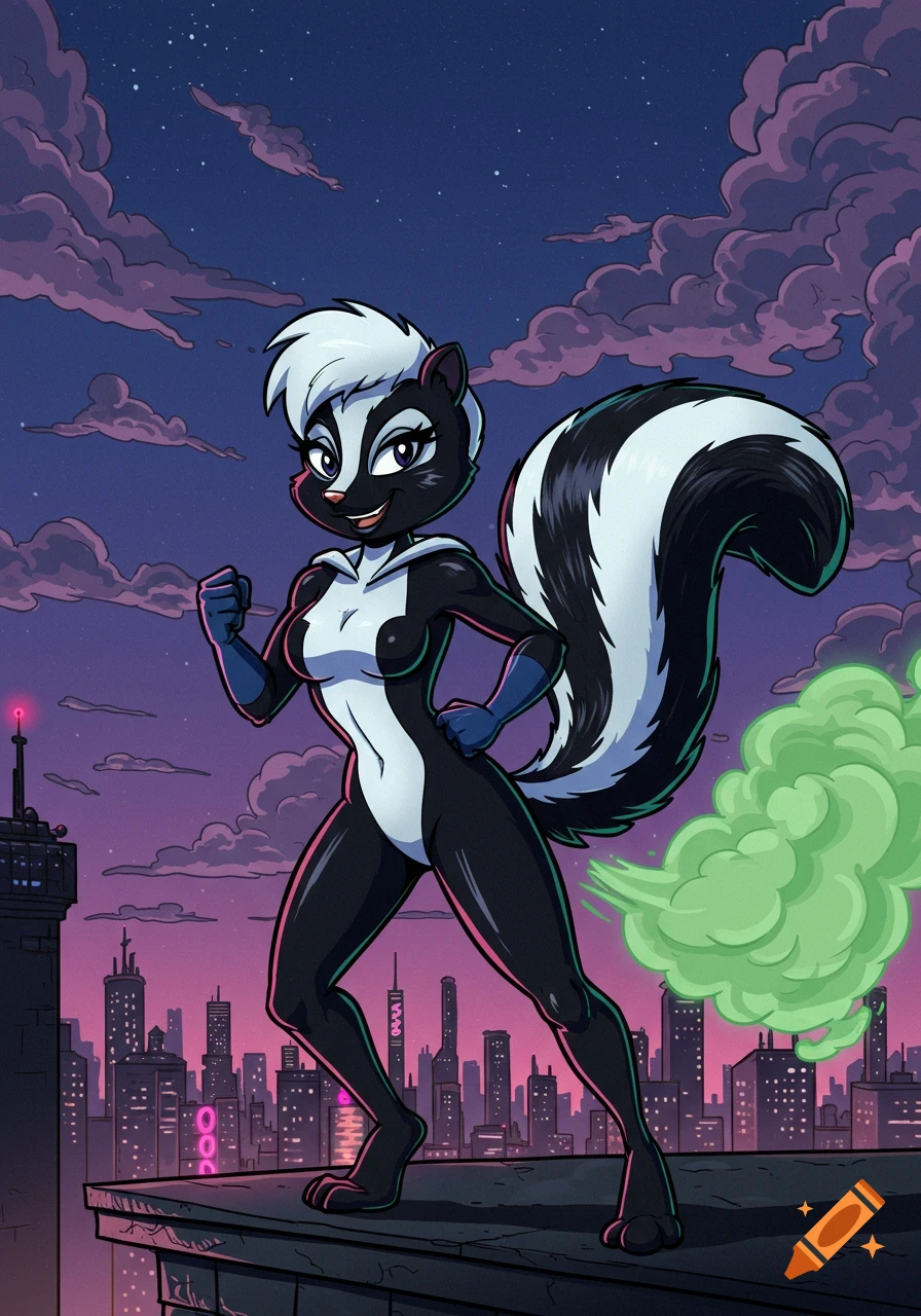 A cartoon superhero skunk girl in a black and white suit stands on a rooftop emitting green gas, with a city skyline at night.