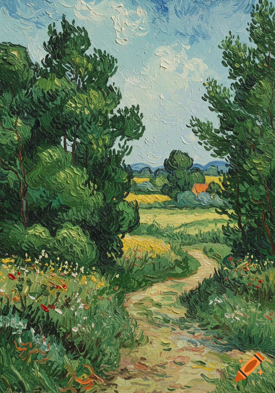 A vibrant Van Gogh-style impasto painting of a winding path through a lush green forest and yellow fields under a blue sky.