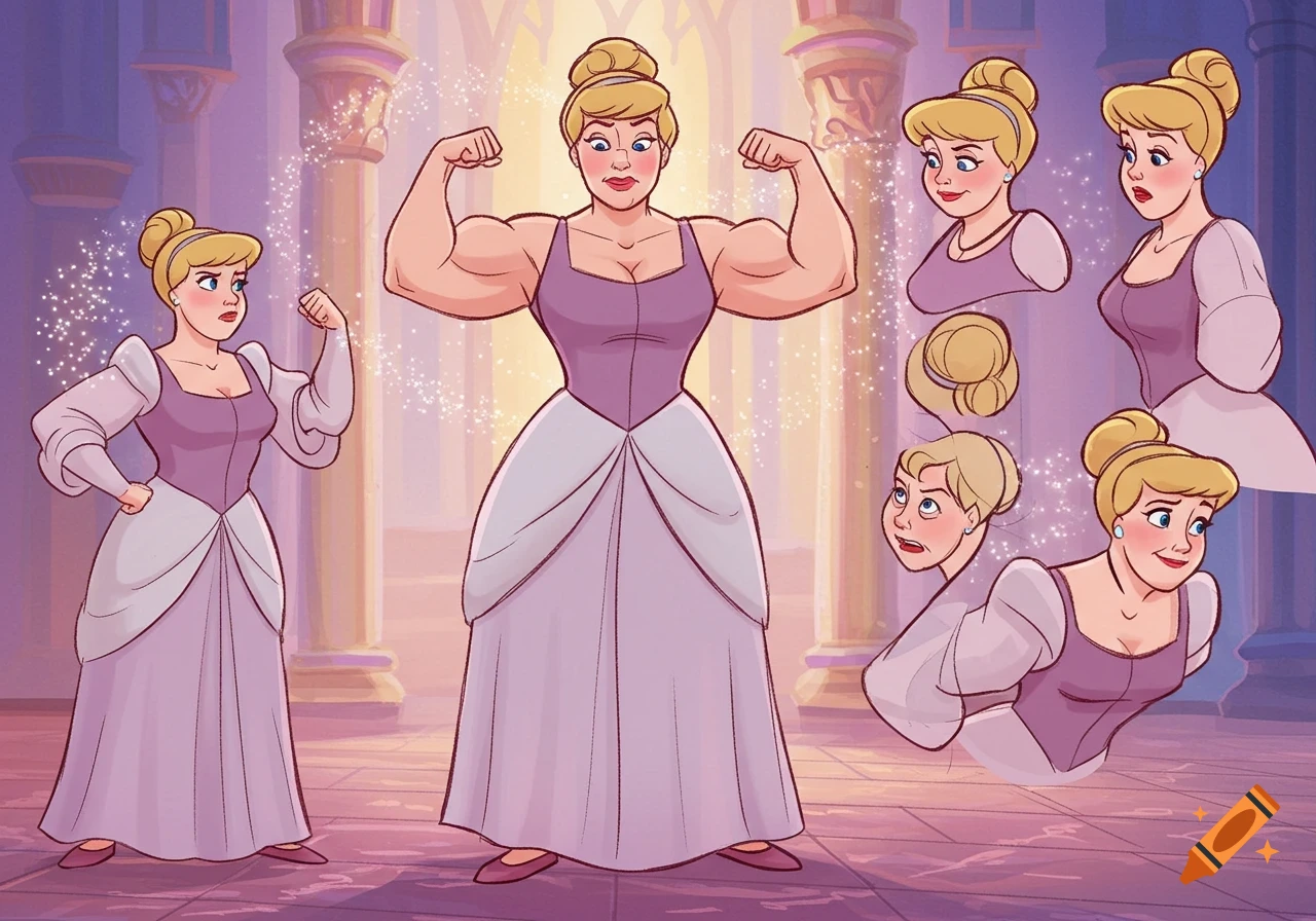 Cinderella flexing her bicep muscles, depicted in a cartoon model sheet style with various expressions.
