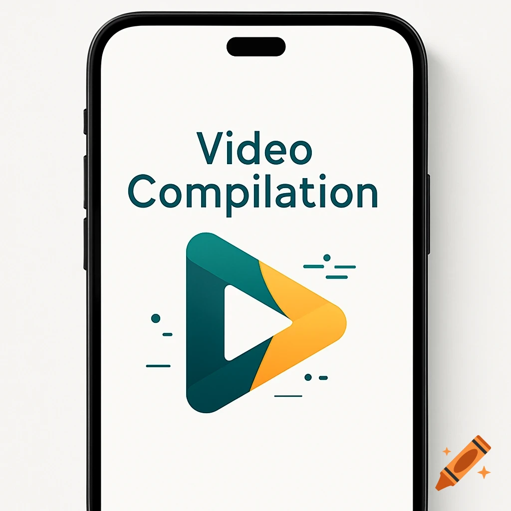 A smartphone displaying a white screen with a green and yellow play button logo and the text 'Video Compilation'.