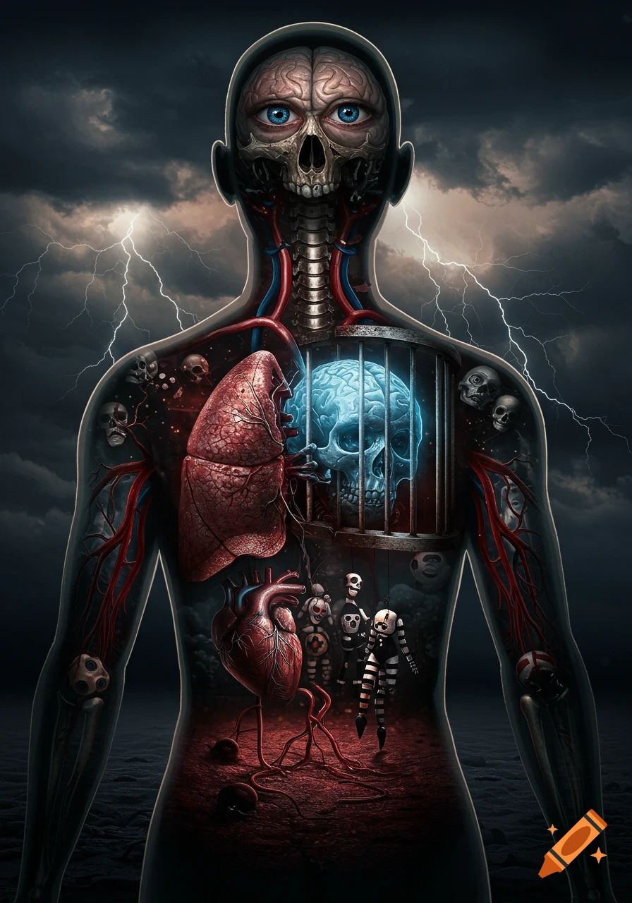 Surreal transparent human figure revealing glowing organs, a skull face, and caged blue skull against a stormy, lightning-filled sky in a dark, macabre style.