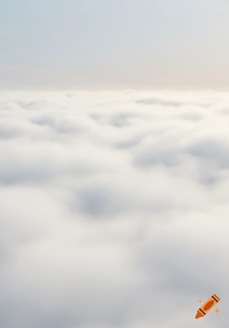 An aerial view above a dense, white, and soft cloudscape extending to the horizon under a pale sky.