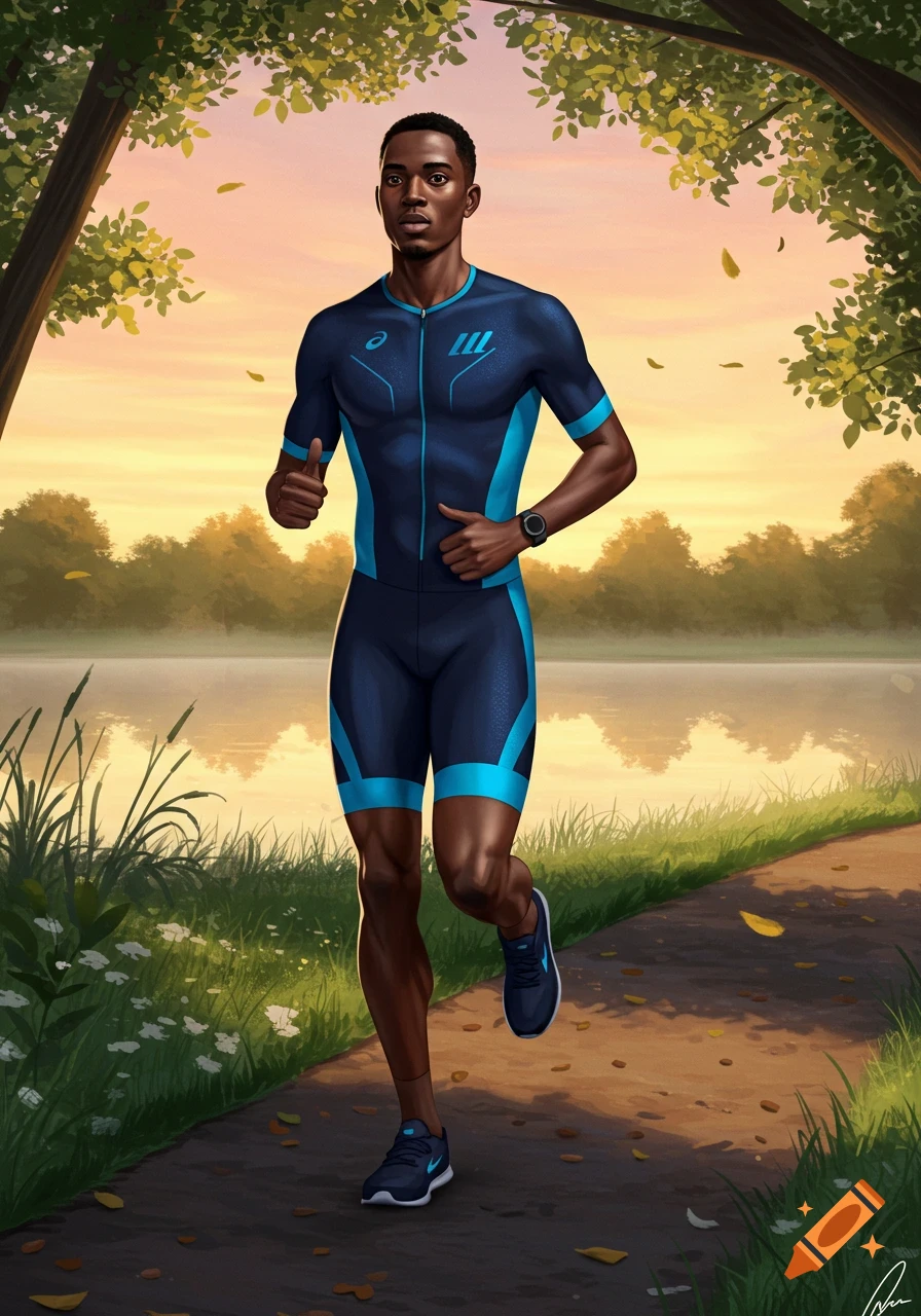 An illustrated depiction of a dark-skinned man in a blue and teal running suit jogging on a path next to a lake at sunset.