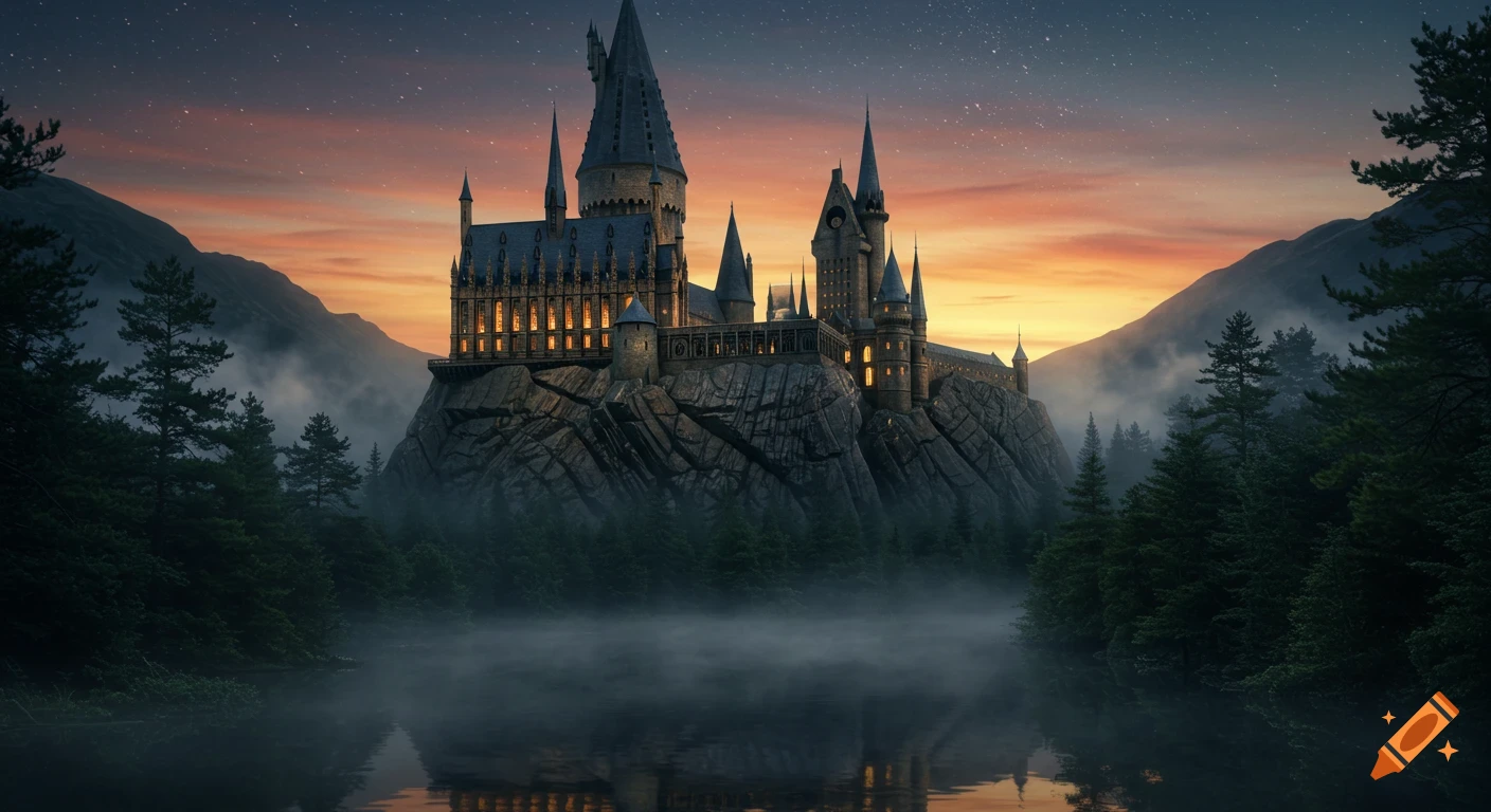 Photorealistic image of Hogwarts Castle atop a rocky cliff by a misty lake at sunset, surrounded by mountains and pine trees.