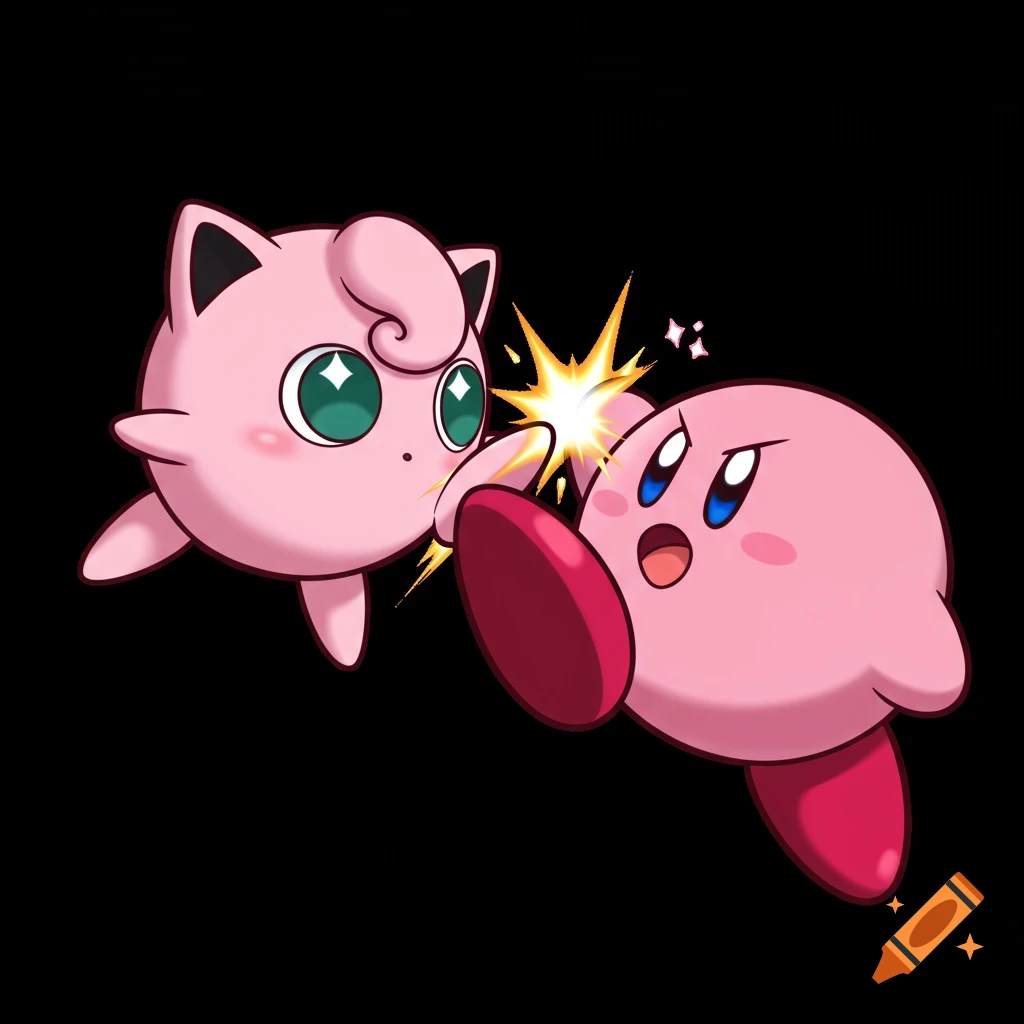 Jigglypuff kicking Kirby in the face with an impact effect on a black background, in anime style.