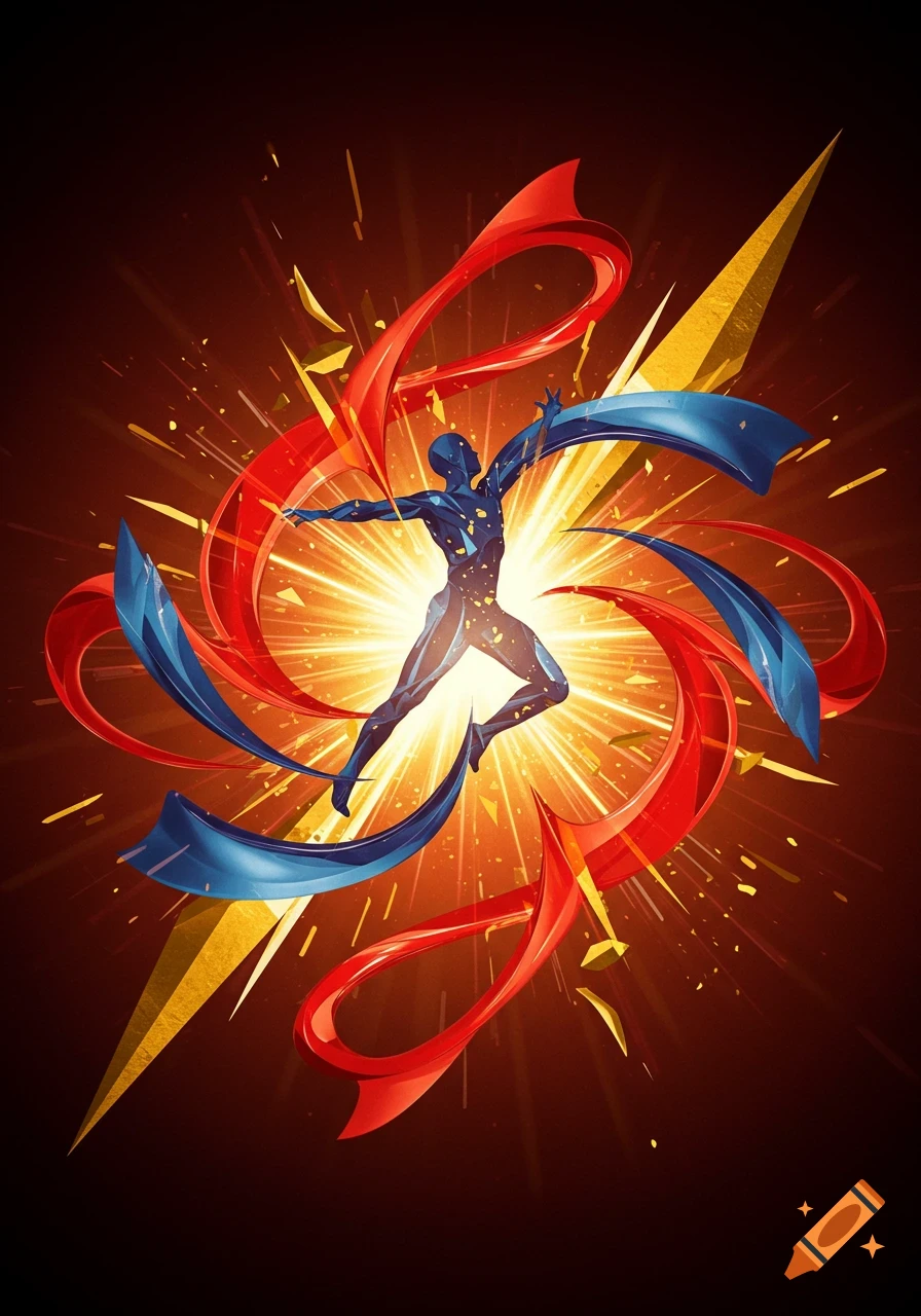 An abstract, stylized dark blue humanoid figure with a bright core stands amidst swirling red and blue ribbons, golden shards, and an explosive yellow light against a dark background, depicting energy and movement.