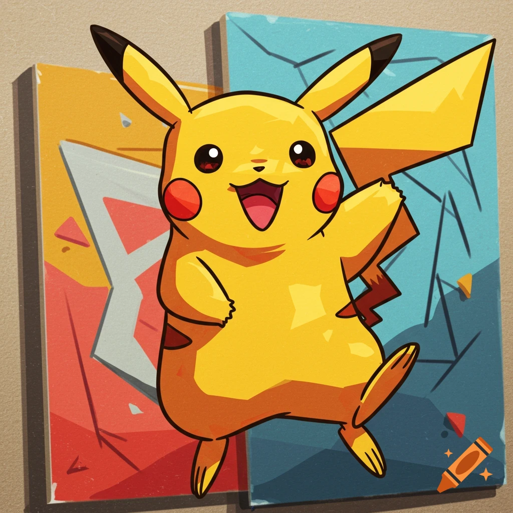 Smiling Pikachu in a vibrant cartoon style, posing in front of abstract geometric art panels.