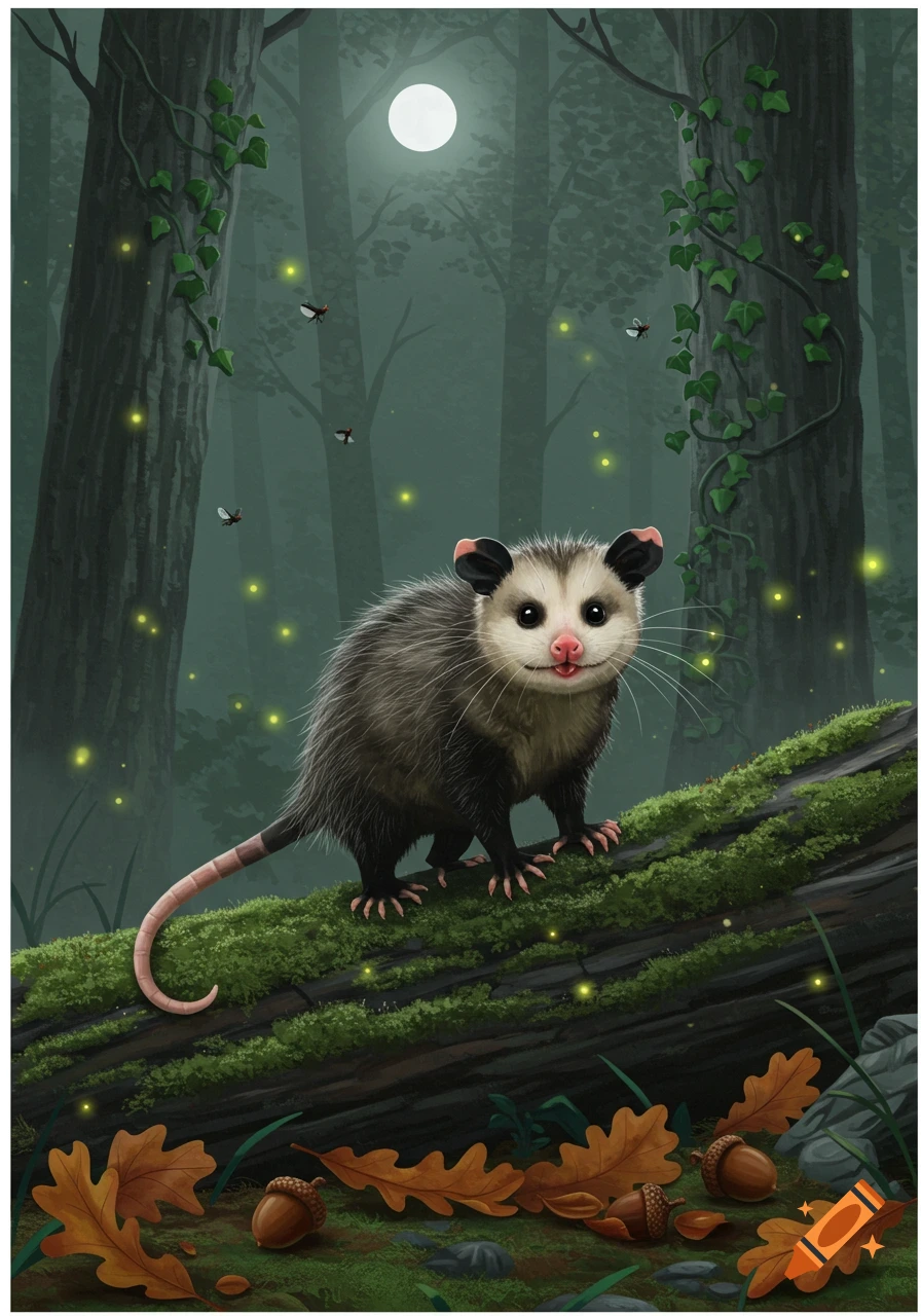An opossum stands on a mossy log in a magical moonlit forest with glowing fireflies and fallen oak leaves, illustration.
