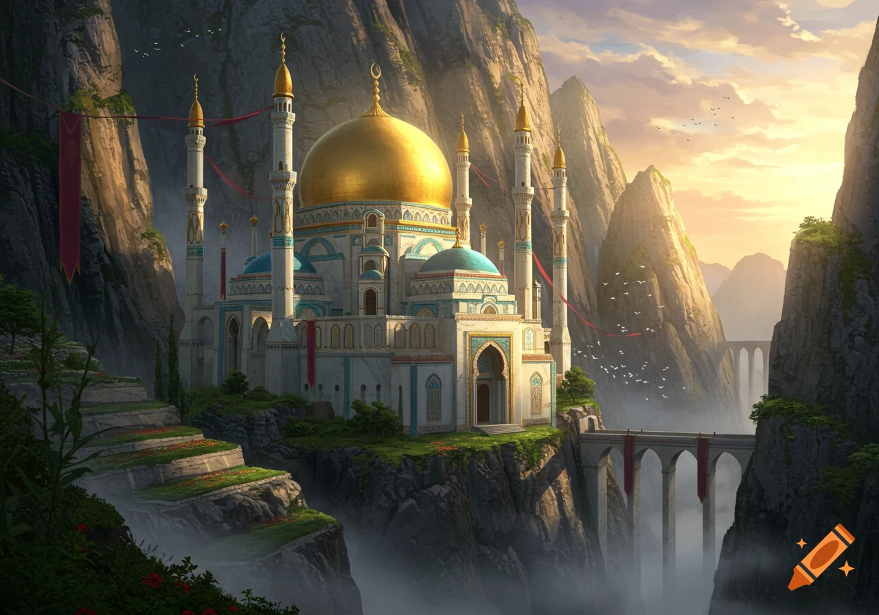 A fantasy palace with a golden dome and minarets on a rocky peak, surrounded by mist, mountains, bridges, and terraced gardens at sunset.