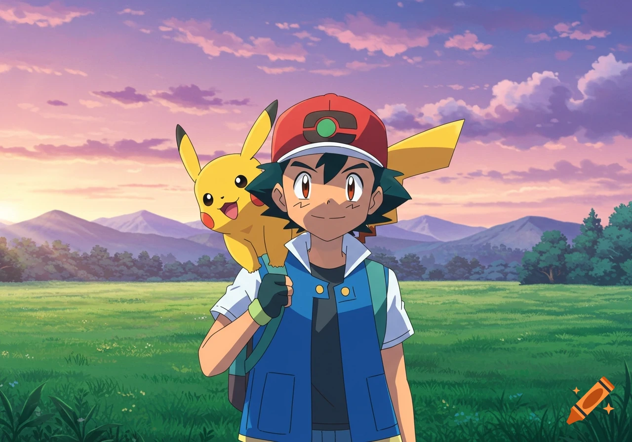 Ash Ketchum with Pikachu on his shoulder in a grassy field at sunset, anime style.