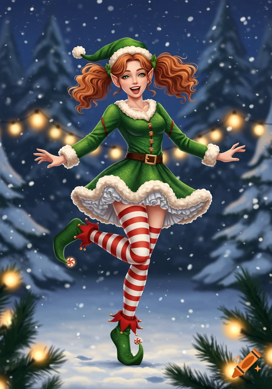 Happy redhead Christmas elf in green dress, striped tights, and curly shoes, standing in a snowy forest with string lights, digital art.