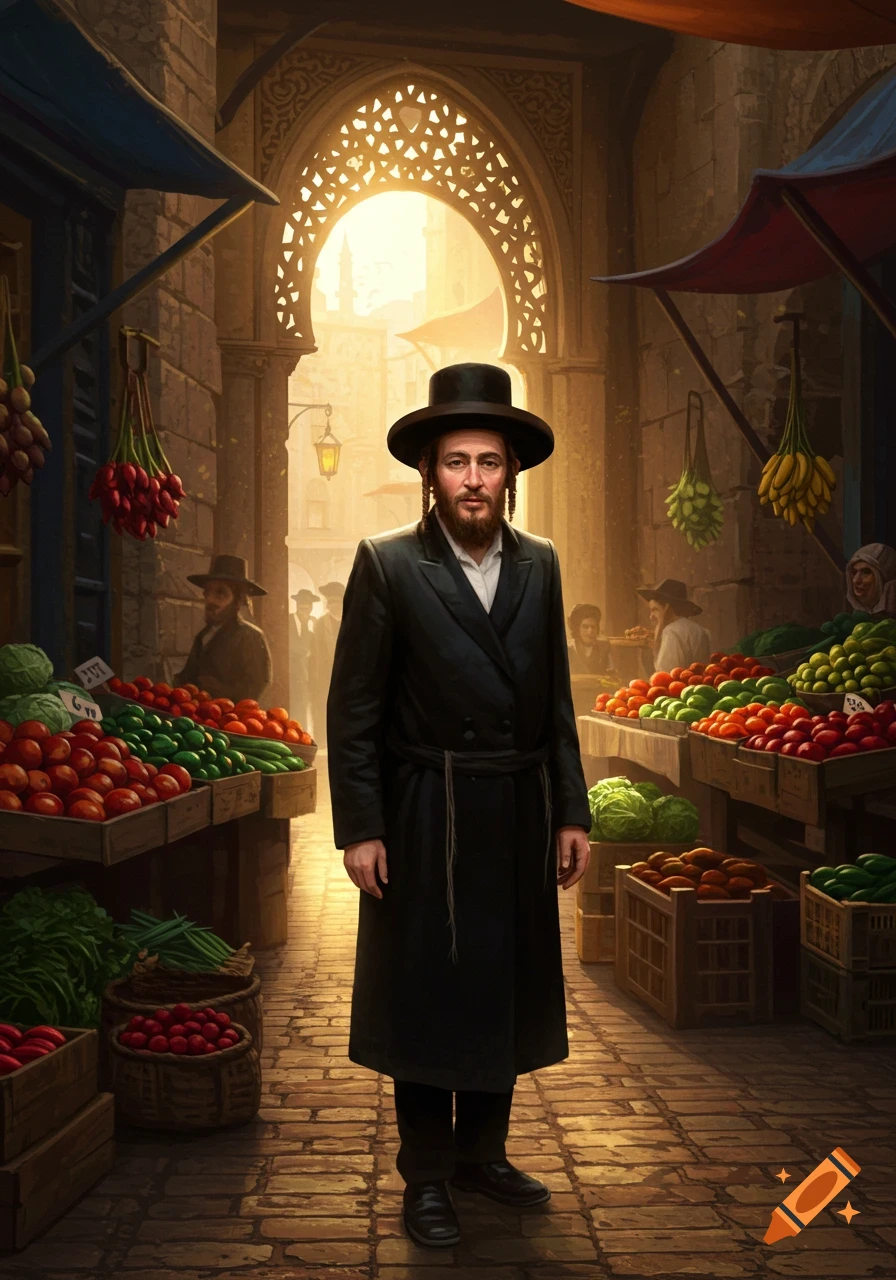 A man in traditional Hasidic attire, including a black coat and hat, stands in an old-world market with fruit and vegetable stalls.