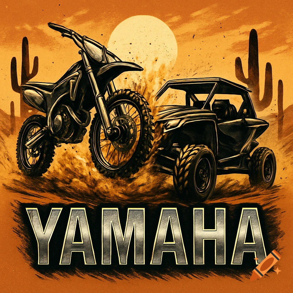 Stylized illustration of a dirt bike and side-by-side racing in a dusty desert with a large sun and YAMAHA logo.
