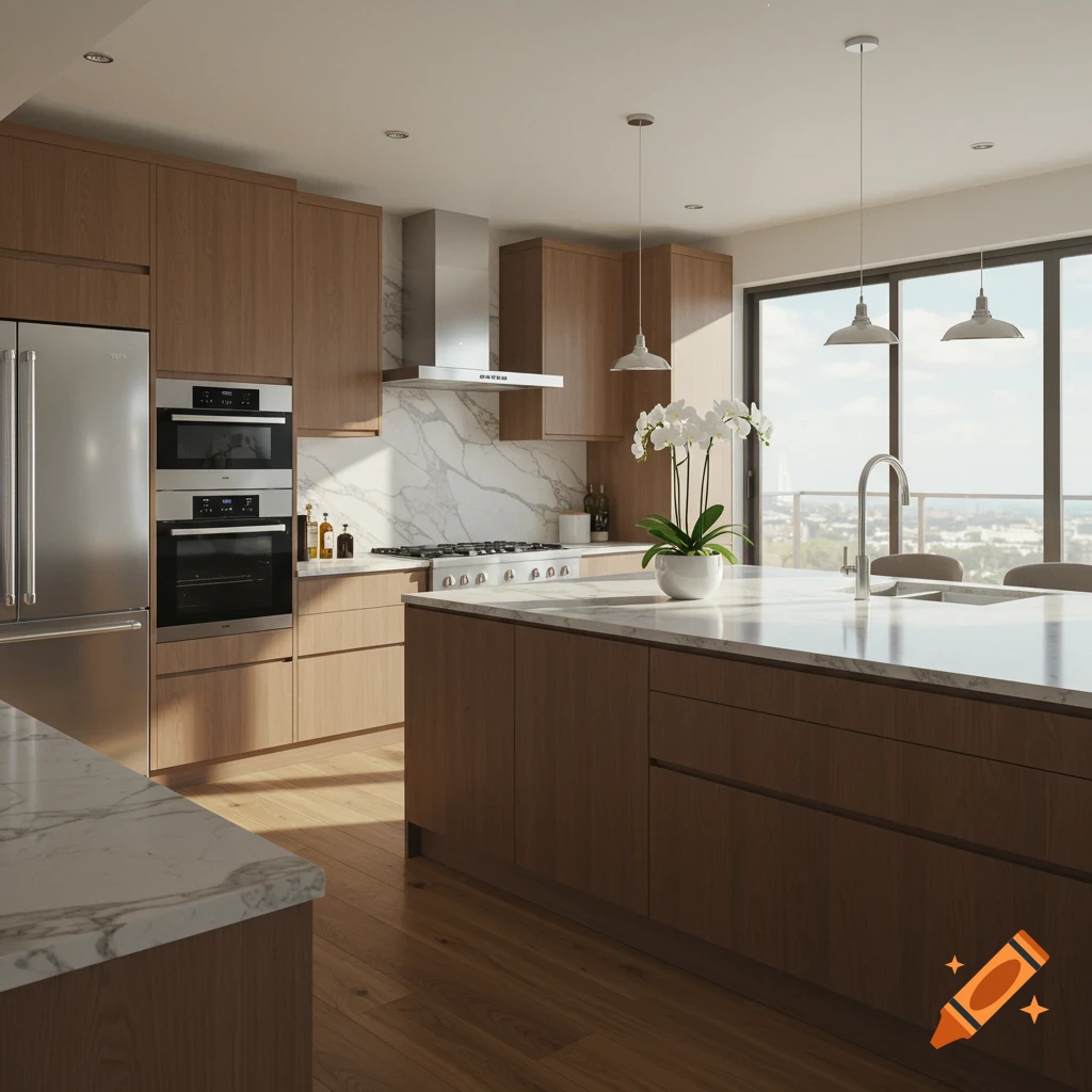 A photorealistic image of a bright, contemporary kitchen with wooden cabinets, stainless steel appliances, marble island, and large window.