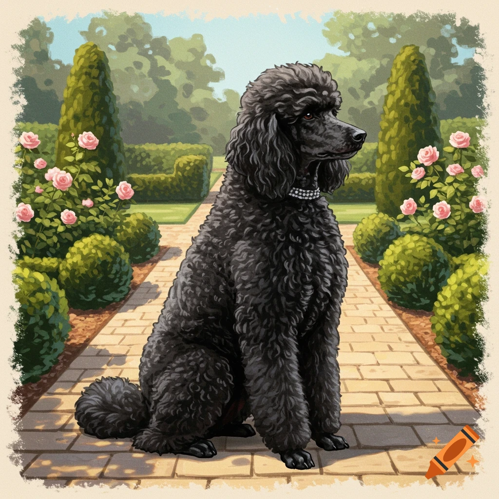 A regal black poodle with a sparkling collar sits upright on a brick path in a lush, manicured garden with pink roses and topiaries.