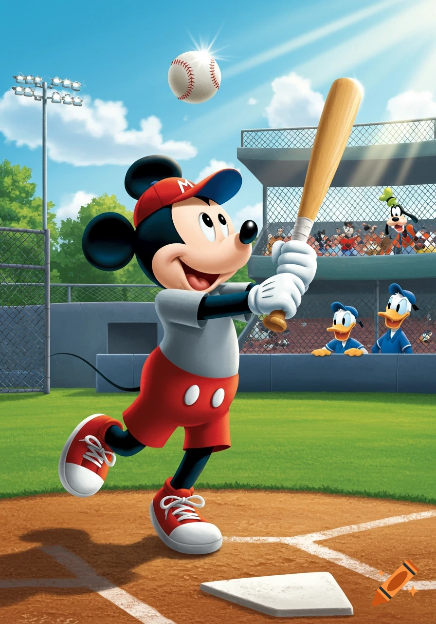 Mickey Mouse cartoon in a baseball uniform, swinging a bat at a baseball on a sunny field with Donald and Goofy watching.