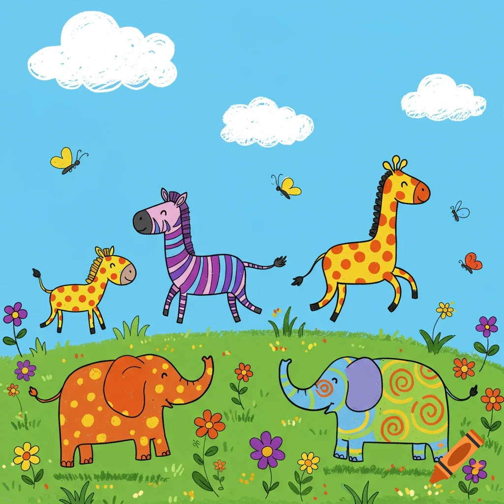 Colorful cartoon illustration of giraffes, a zebra, and elephants on a grassy hill with flowers and butterflies.