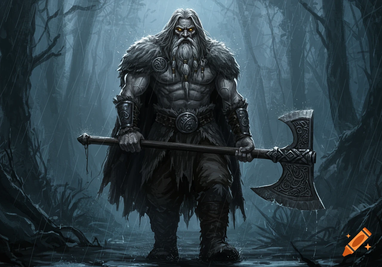A powerful, bearded warrior with glowing eyes in fur armor holds an ornate axe in a dark, rainy forest. Digital art.