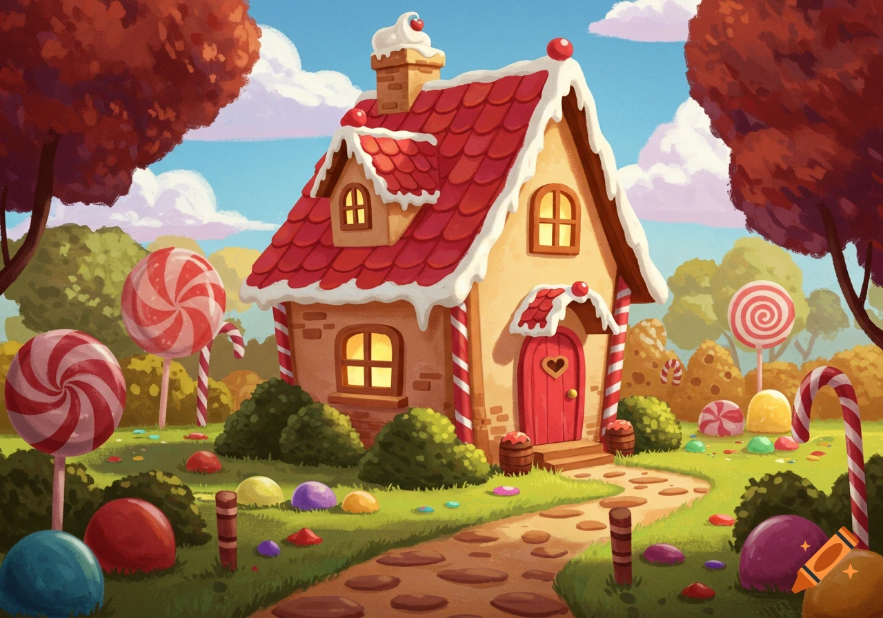 A whimsical cartoon illustration of a gingerbread house with a red roof, surrounded by giant lollipops and candies in a vibrant green landscape.