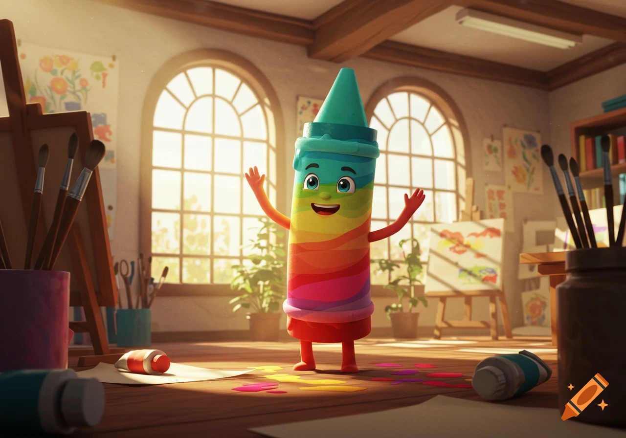 Cheerful rainbow crayon character in a sunlit art studio with easels, brushes, and spilled paint. Cartoon style.