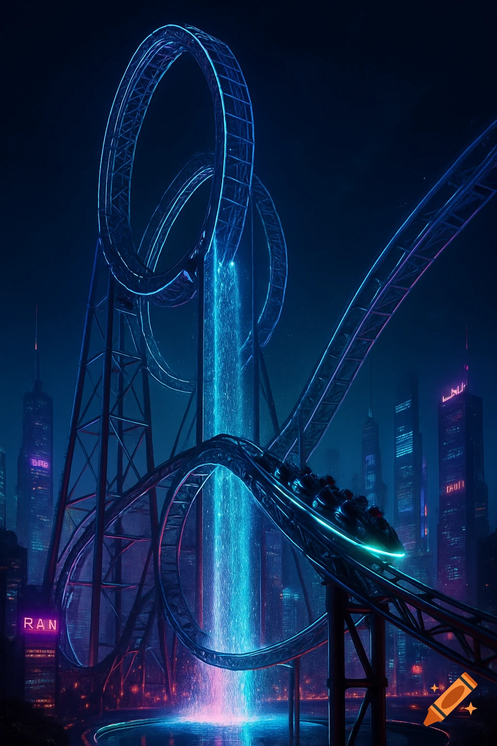 A futuristic neon blue roller coaster with a train speeding through loops, featuring a glowing waterfall, against a dark city skyline.