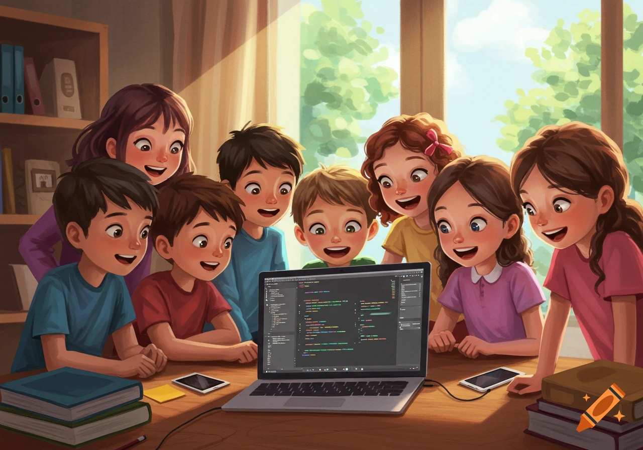 A diverse group of happy children gathered around a laptop, engaged in a coding lesson in a brightly lit classroom, in a stylized illustration.