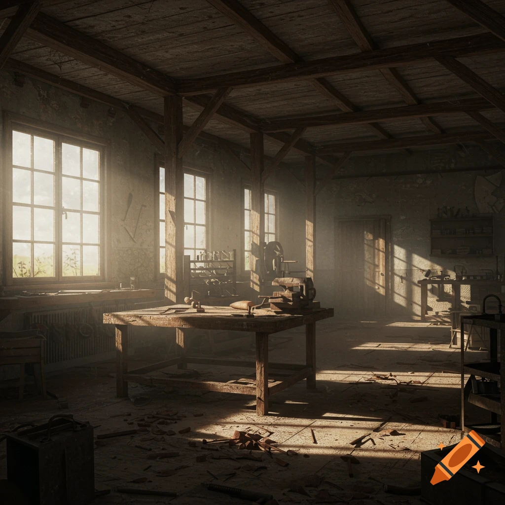 Photorealistic image of a dusty, sunlit old workshop with wooden beams, a workbench, and tools by large windows.