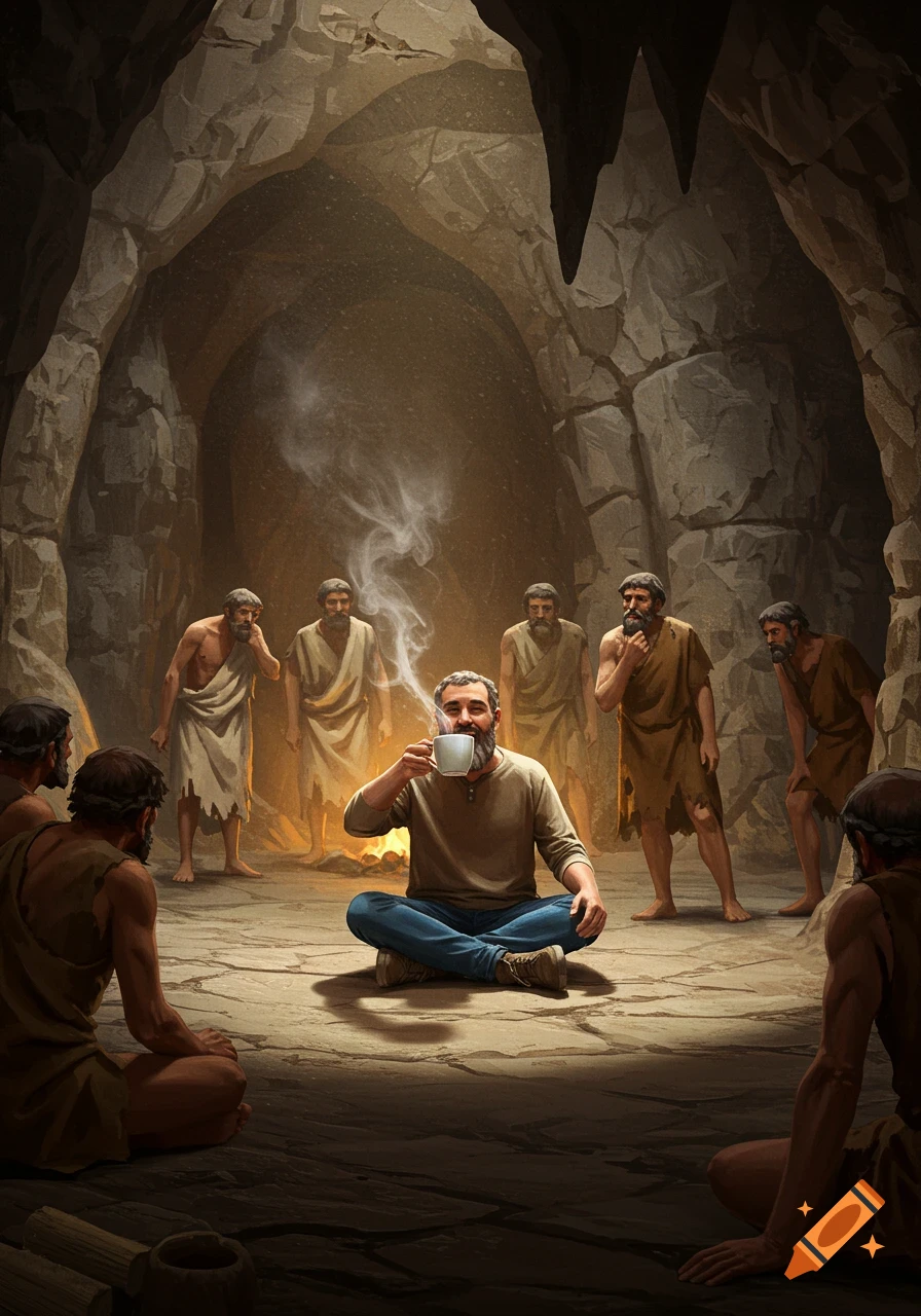 An illustration of a modern man drinking coffee, cross-legged in a dark cave, surrounded by ancient cave dwellers observing him.