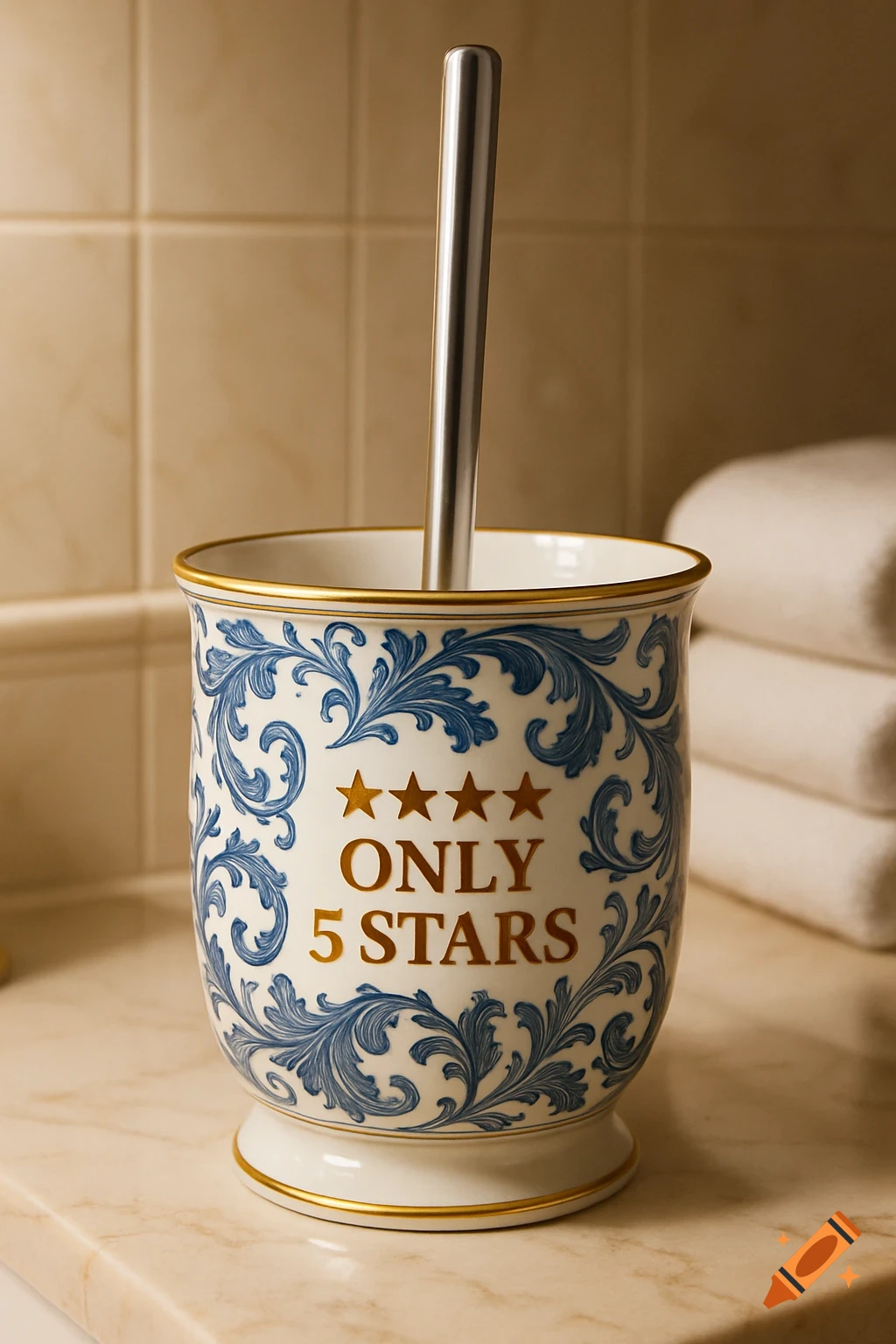Decorative white and blue toilet brush holder with 'ONLY 5 STARS' text on a marble counter in a bathroom.