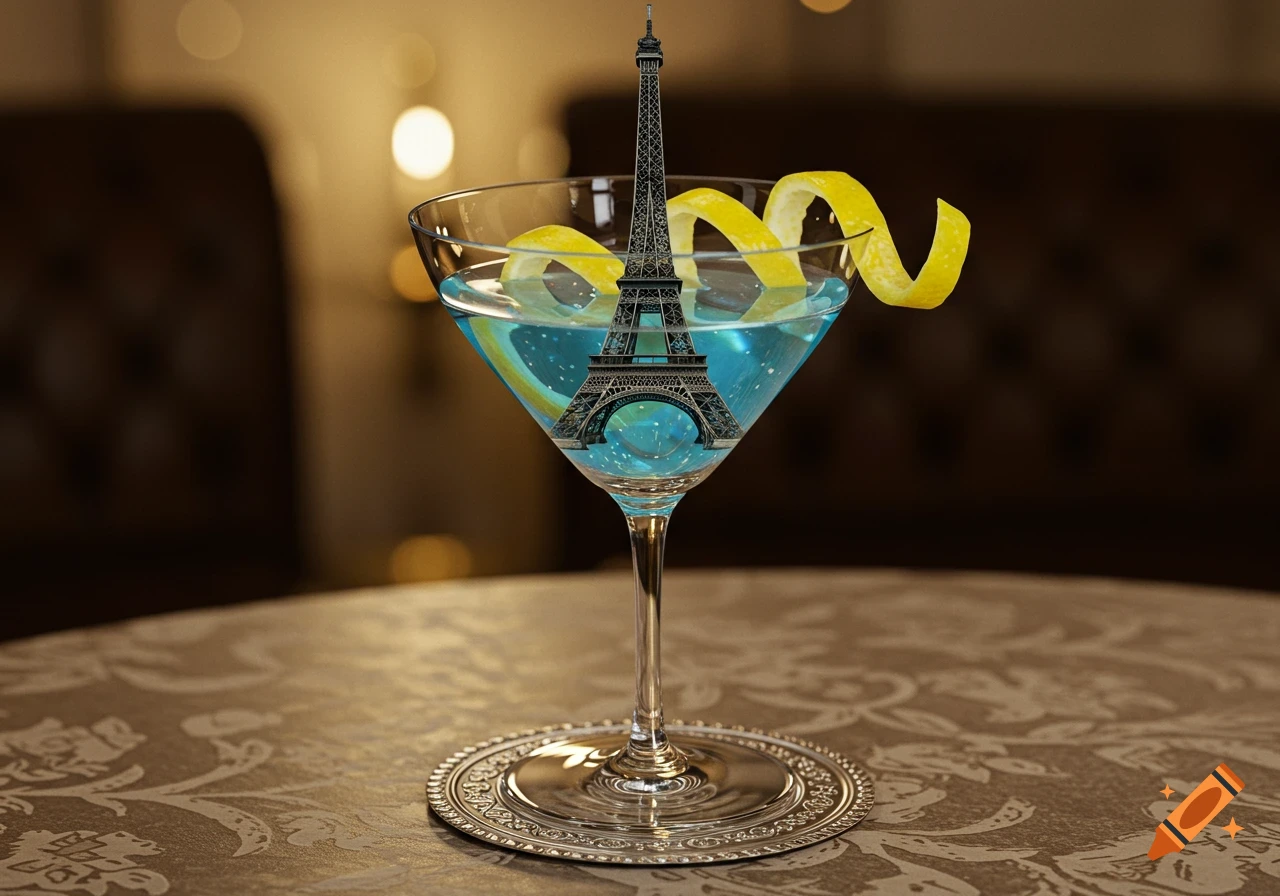 A large Eiffel Tower in a blue cocktail in a martini glass with a lemon peel on a patterned table.