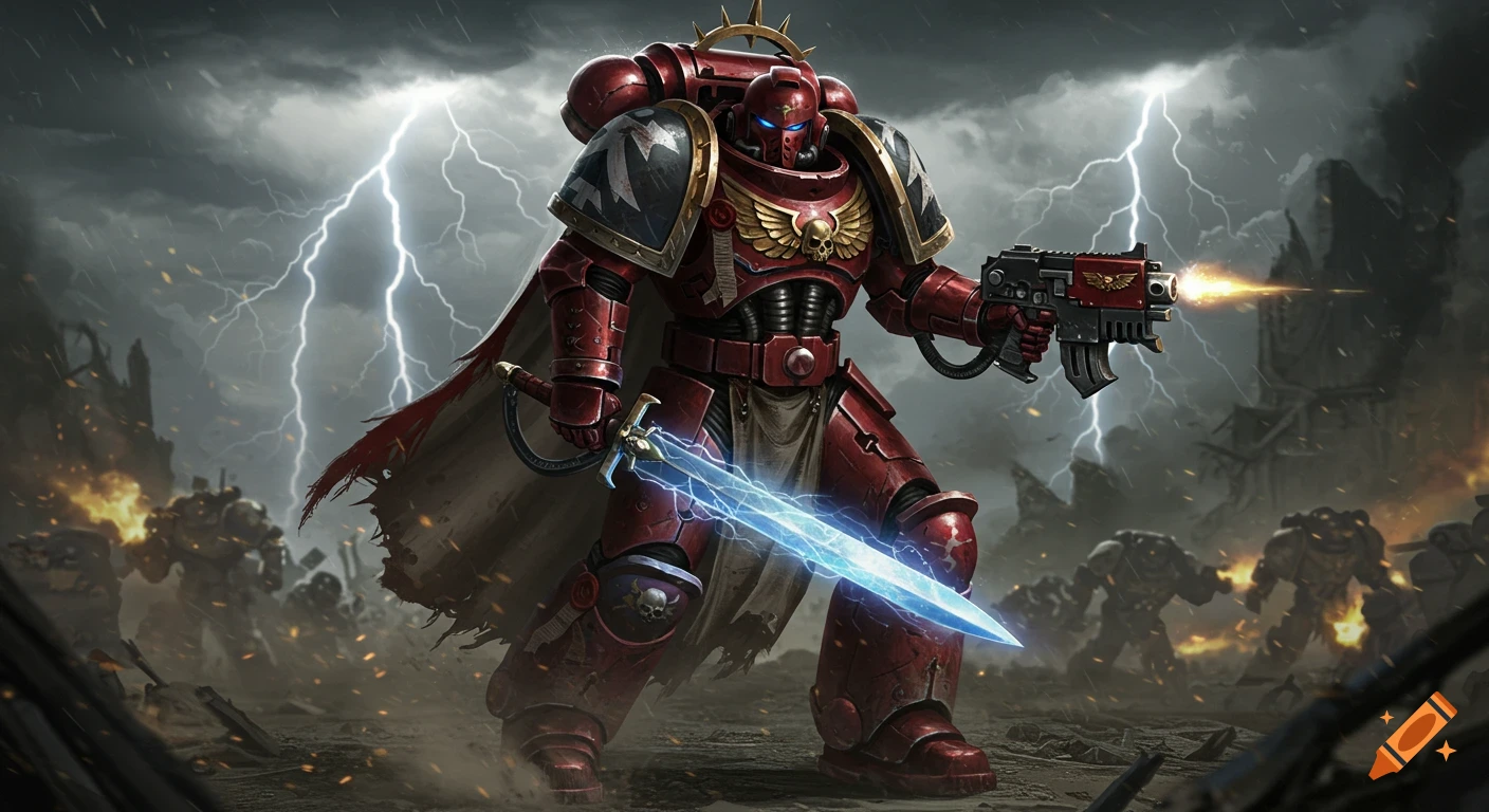 A red armored Space Marine Captain with a glowing sword and plasma pistol leads a charge on a ruined, stormy battlefield.