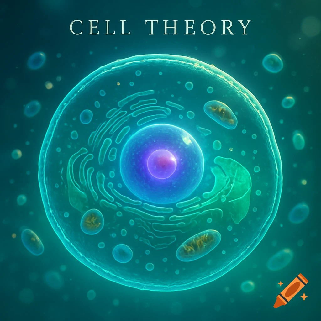 Vibrant teal and purple illustration of a biological cell with a nucleus and organelles, titled 'CELL THEORY'.
