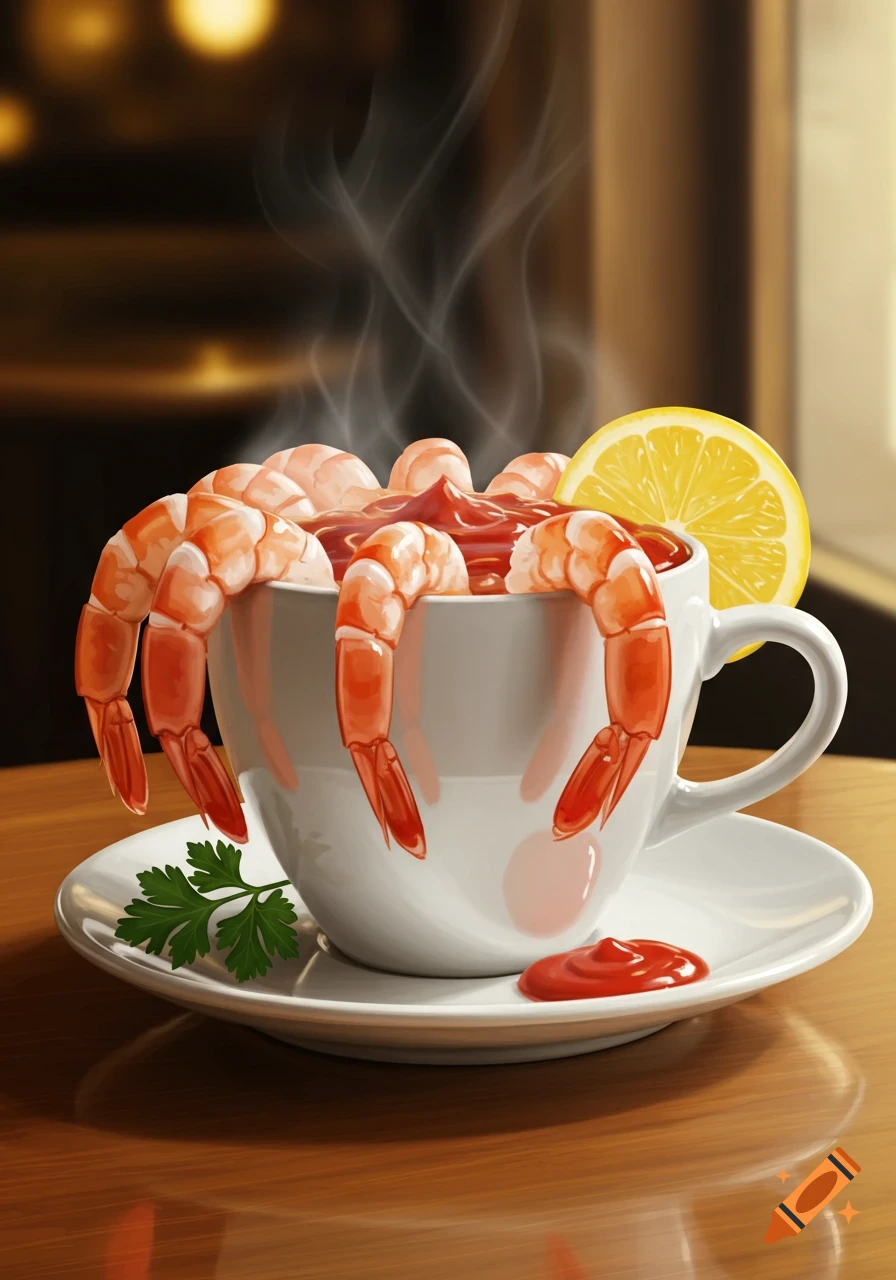 Illustration of steaming shrimp cocktail with lemon and parsley in a white coffee cup on a wooden table.