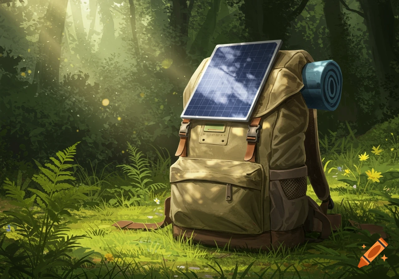 A tan backpack with a solar panel on top, standing in a lush, sunlit forest with sunlight streaming through the trees.