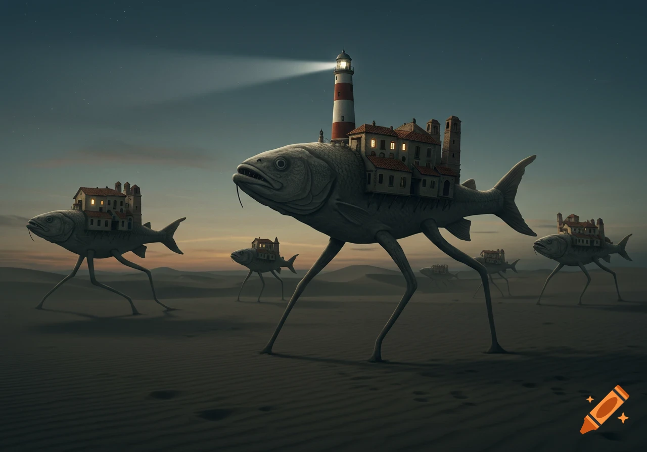 Surreal walking fish with houses and a lighthouse on their backs crossing a desert under a starry sky at night.