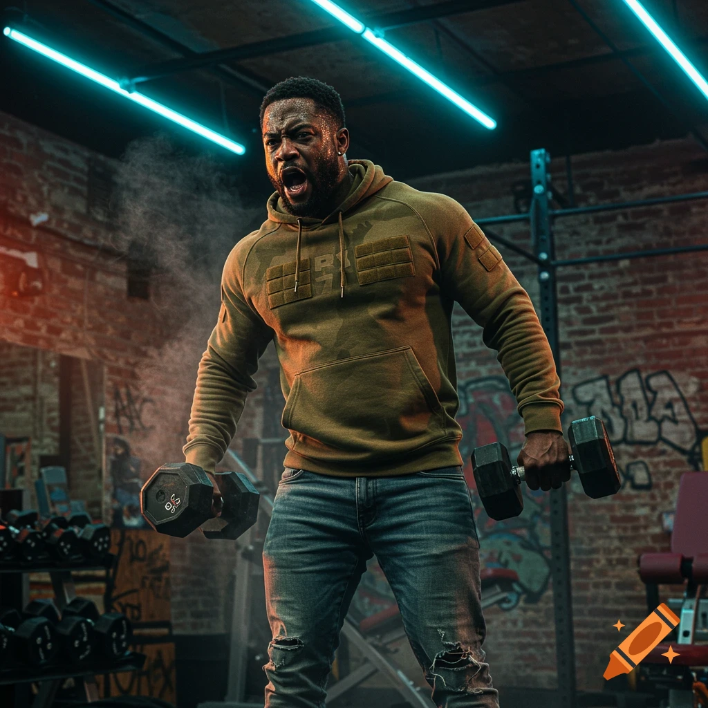 A man intensely lifting dumbbells in a dimly lit gym, wearing an olive green hoodie and ripped jeans, with neon lights above.