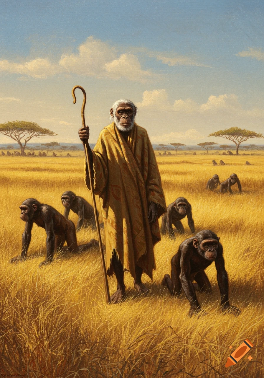19th-century style painting of a robed Australopithecus with a staff leading other Australopithecus in a golden savanna.